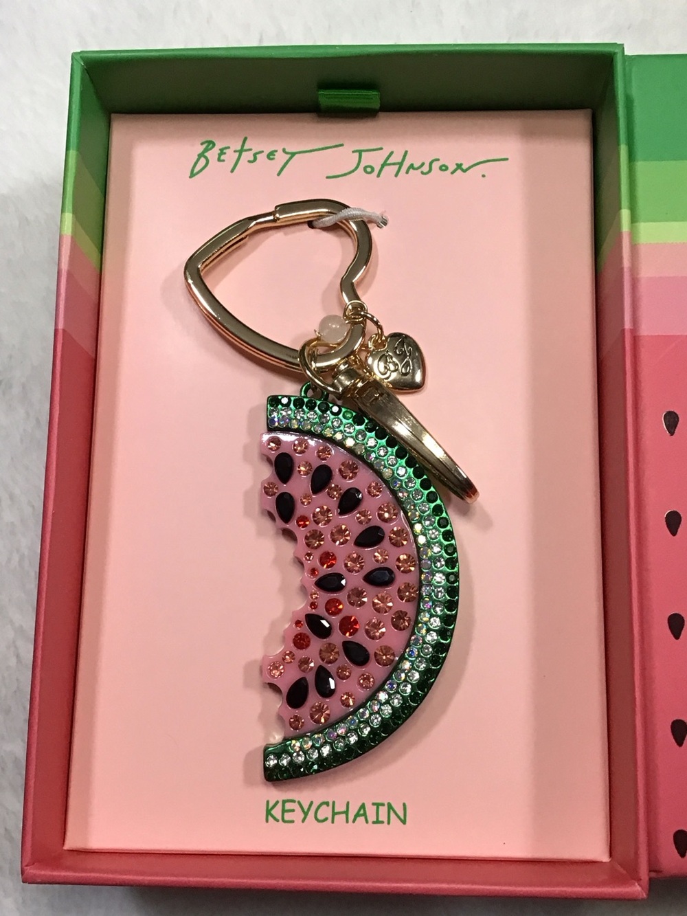 Betsey Johnson Pink & Green Watermelon Crystal Keychain